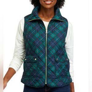 Crown & Ivy NWT Large Dark Green and Blue Plaid Quilted Zipper Sleeveless Vest